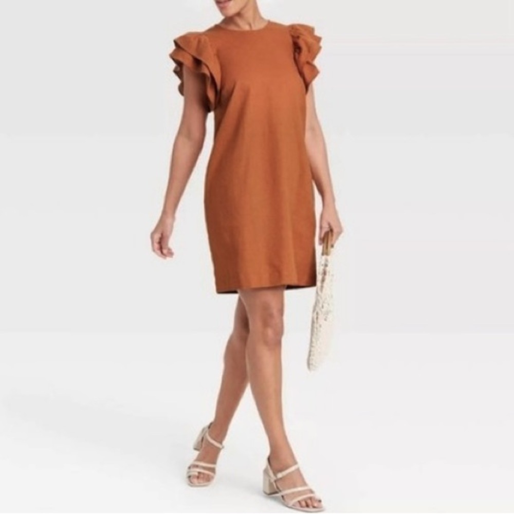 Women’s A New Day rust orange short ruffle sleeve linen blend dress size large